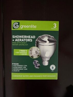 BNIB Greenlite Showerhead + Aerators - Silver/Green